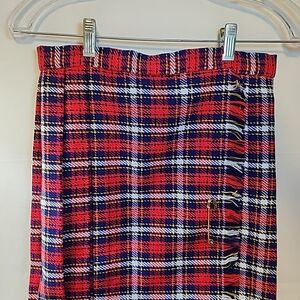 Vtg 1970s red blue tartan plaid pleated maxi skirt wrap around fringe wool